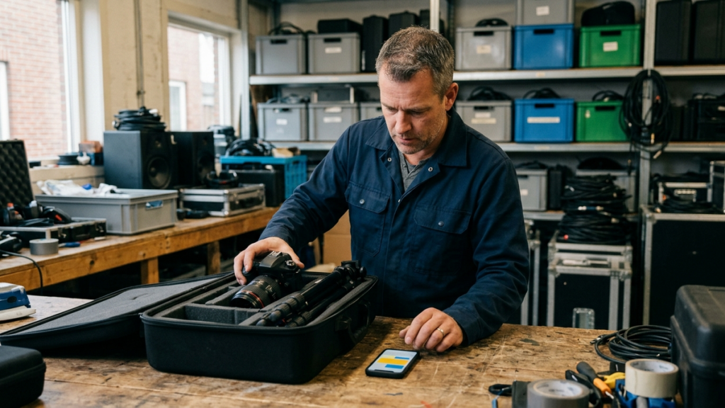 automate rental business hero Rental business owner packing an order while a new booking notification appears on his phone