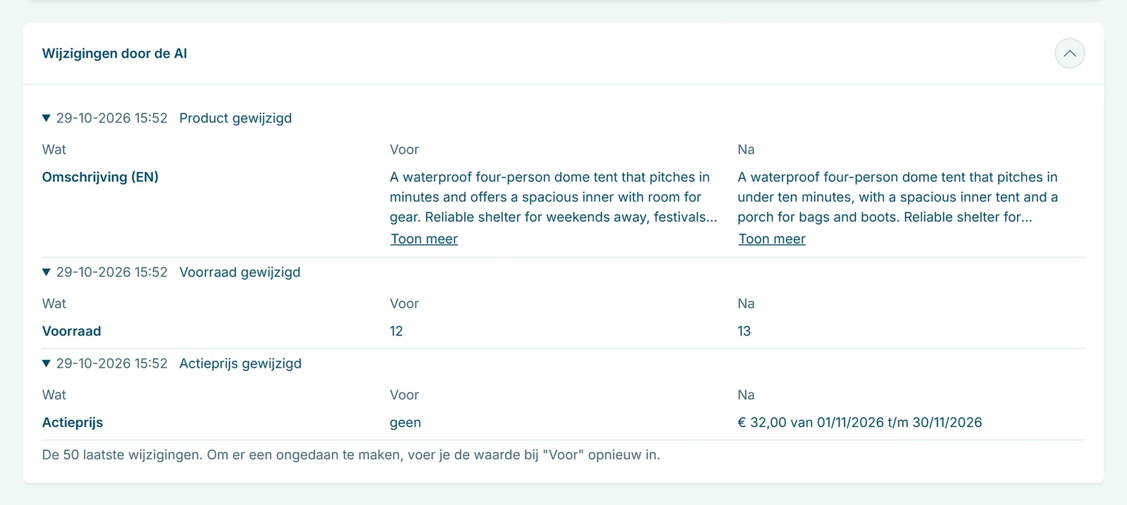 bb ai assistant changes nl v2 Wijzigingen door de AI in Be-Bookable als tabel Wat, Voor en Na: omschrijving (EN), voorraad 12 naar 13 en actieprijs van geen naar 32 euro in november