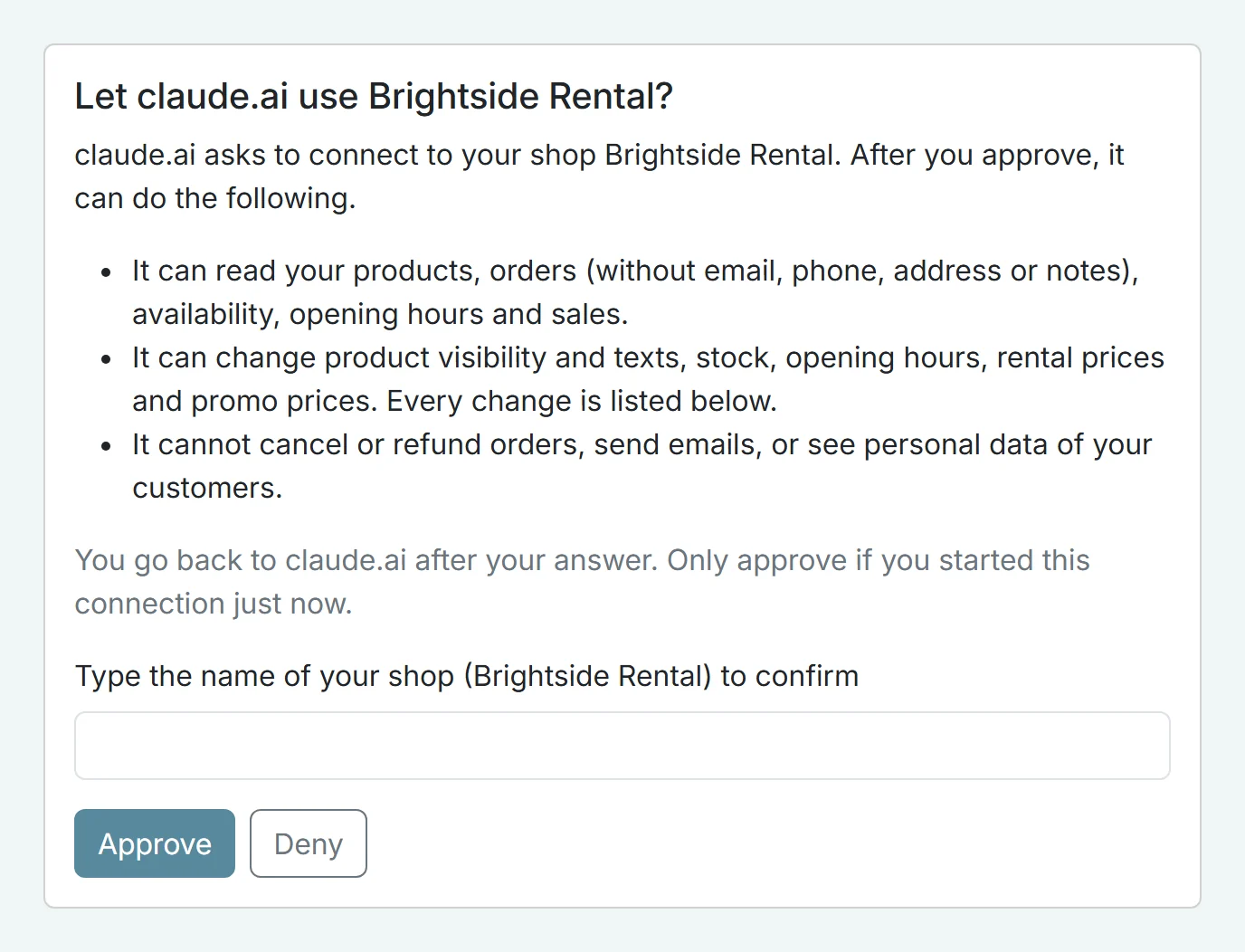 bb ai assistant consent en Approval screen in Be-Bookable: let claude.ai use the shop, with what the AI can and cannot do