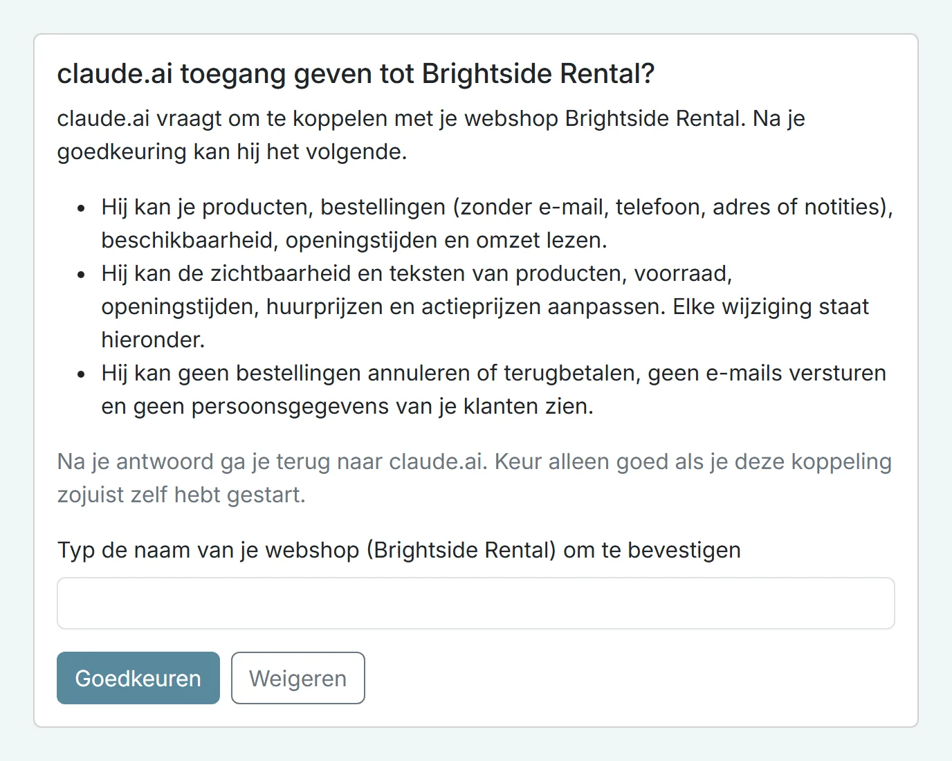 bb ai assistant consent nl Goedkeuringsscherm in Be-Bookable: claude.ai toegang geven tot de webshop, met wat de AI wel en niet kan