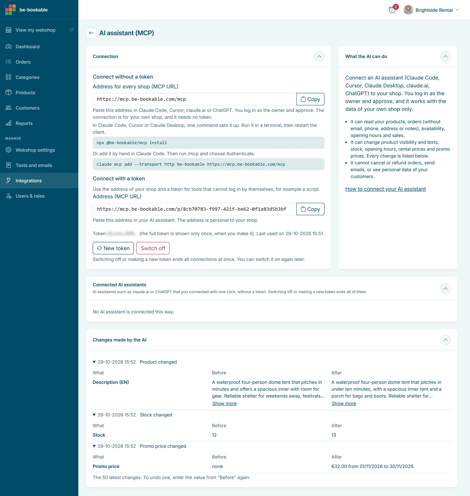 bb ai assistant settings en v2 Einstellungen des KI-Assistenten (MCP) in Be-Bookable: Verbinden ohne Token (die Adresse für jeden Shop und der Installationsbefehl), Verbinden mit Token und was die KI kann