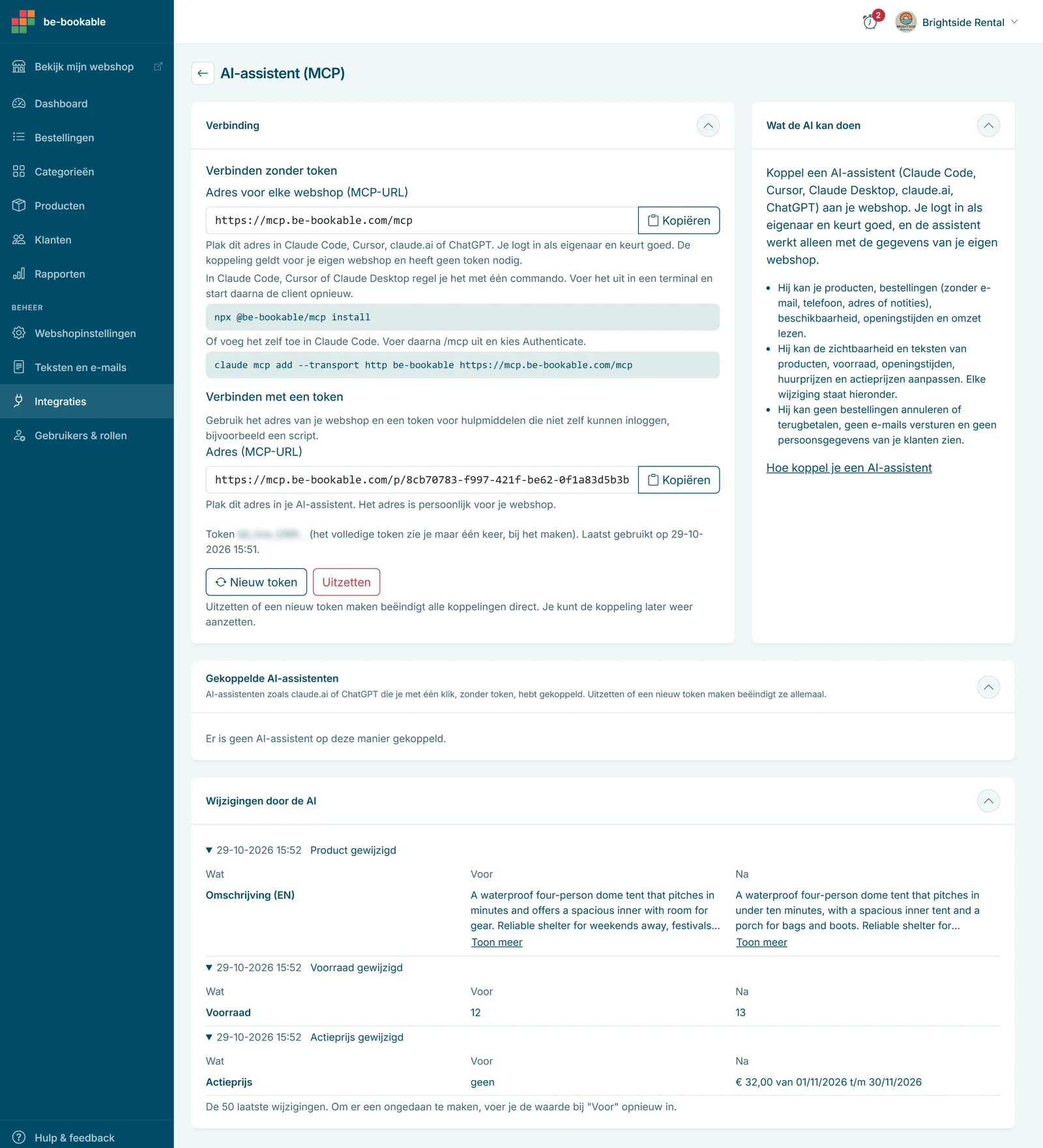 bb ai assistant settings nl v2 Instellingen van de AI-assistent (MCP) in Be-Bookable: verbinden zonder token (het adres voor elke webshop en het installatiecommando), verbinden met een token en wat de AI kan doen