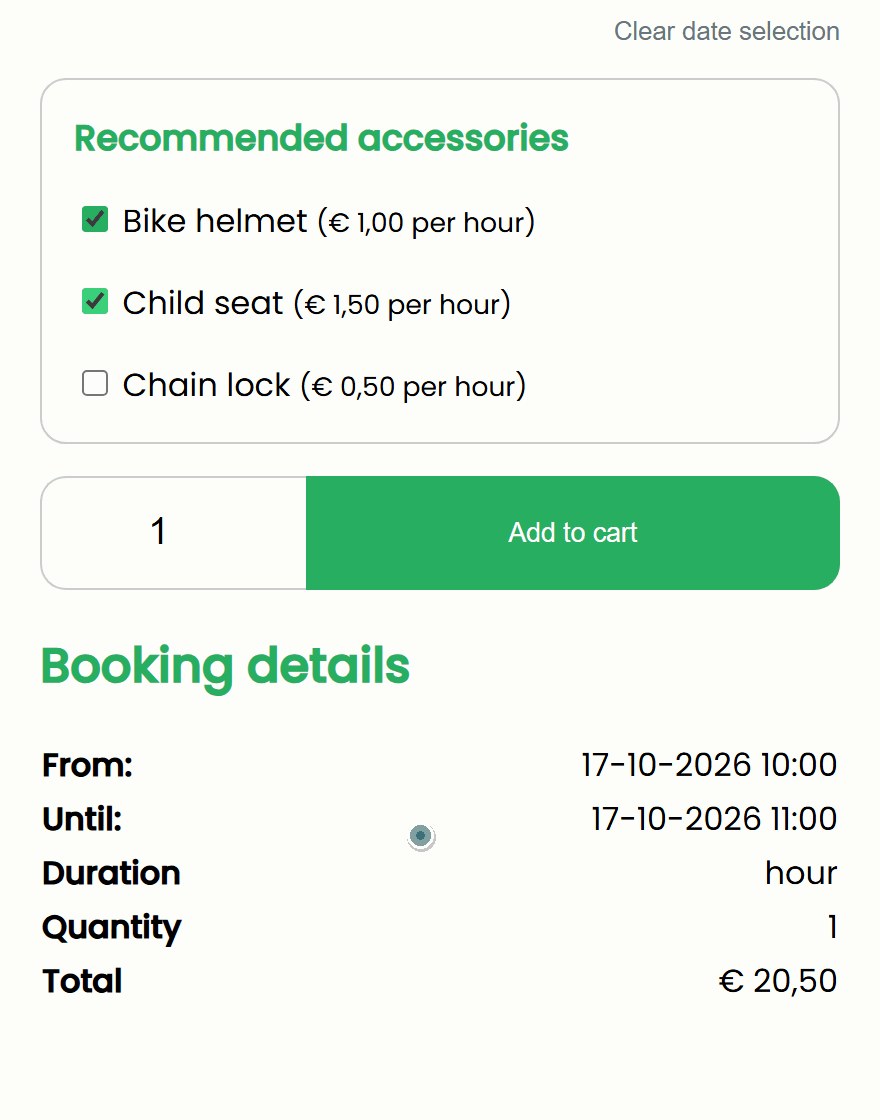 fietsverhuur acc en stil Recommended accessories with an e-bike: the customer ticks a bike helmet and a child seat and the total goes from 18 to 20.50 euros