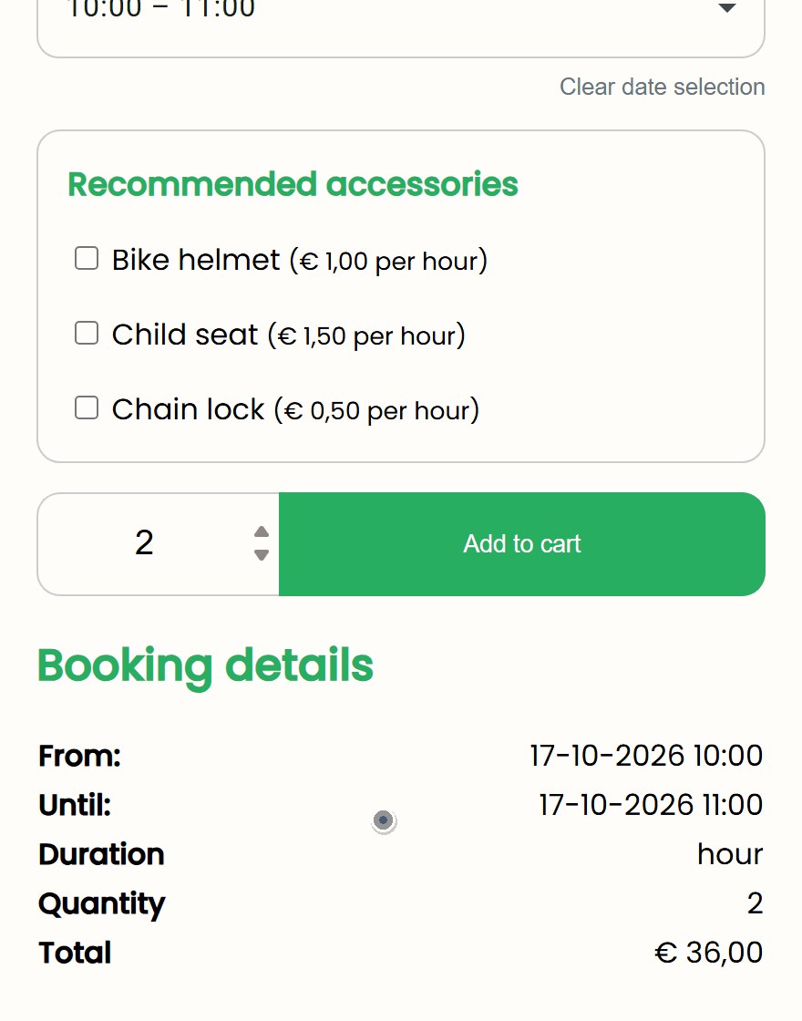 fietsverhuur hero en stil Product page of an e-bike in the PedalNL example shop: the customer picks 17 October, the start time 10:00 to 11:00 and two bikes, and the total becomes 36 euros