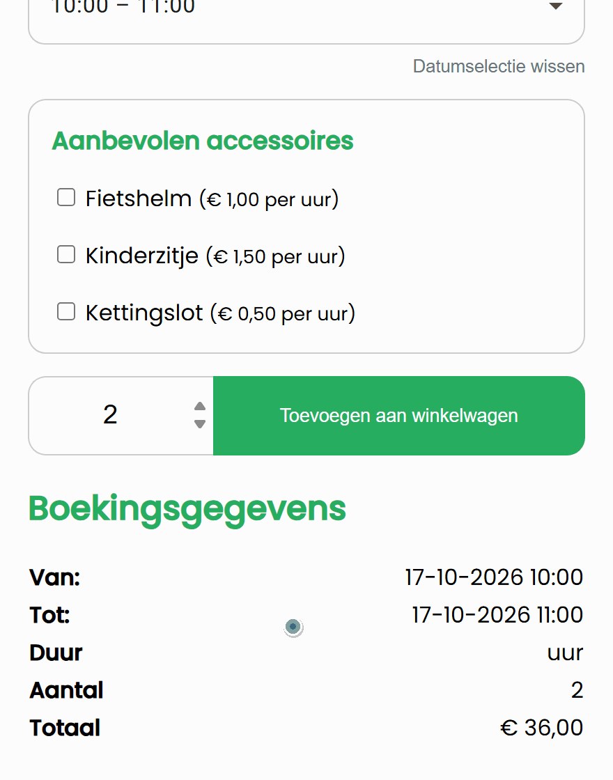 fietsverhuur hero nl stil Productpagina van een e-bike in de voorbeeldwinkel PedalNL: de klant kiest 17 oktober, de starttijd 10:00 tot 11:00 en twee fietsen, en het totaal wordt 36 euro