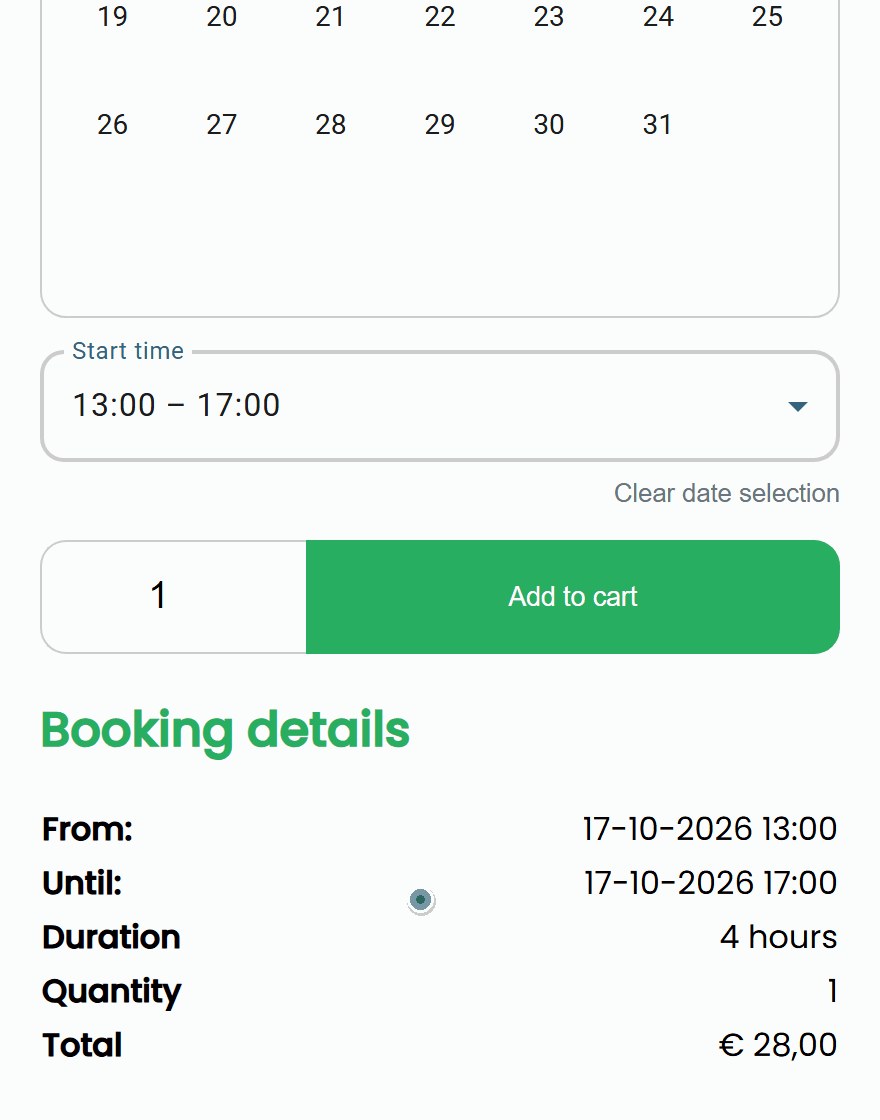 fietsverhuur tandem en stil Product page of a tandem: the start times from 09:00 to 12:00 are fully booked, the customer picks 13:00 to 17:00