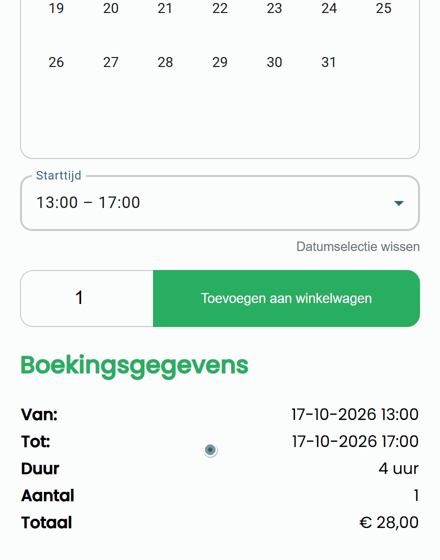 fietsverhuur tandem nl stil Productpagina van een tandem: de starttijden van 09:00 tot 12:00 staan op volgeboekt, de klant kiest 13:00 tot 17:00