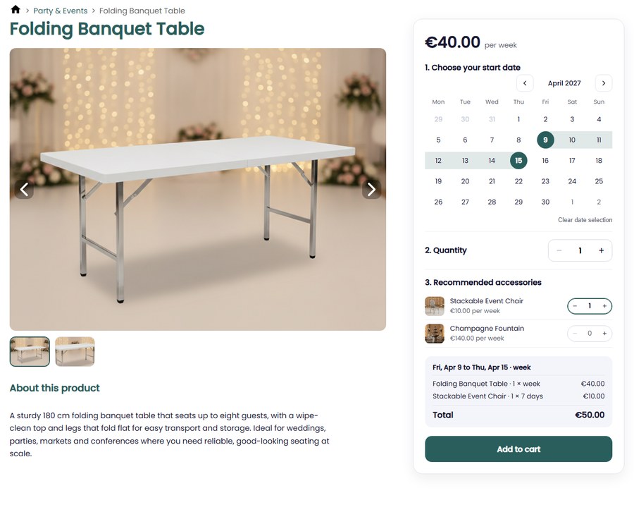 homepage v2 webshop boeken en stil Product page in the webshop: the customer picks 9 to 15 April, the rental period becomes one week, adds a stackable chair as an accessory and sees the total rise to 50 euro