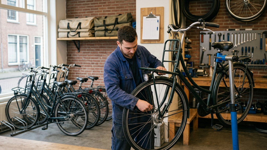 maintenance planning rental hero Rental business employee checking a returned bike on a repair stand in the workshop
