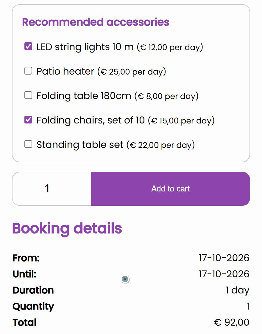 partytentverhuur acc en stil Recommended accessories for the party tent: the customer ticks the string lights and a set of folding chairs and the total goes from 65 to 92 euros