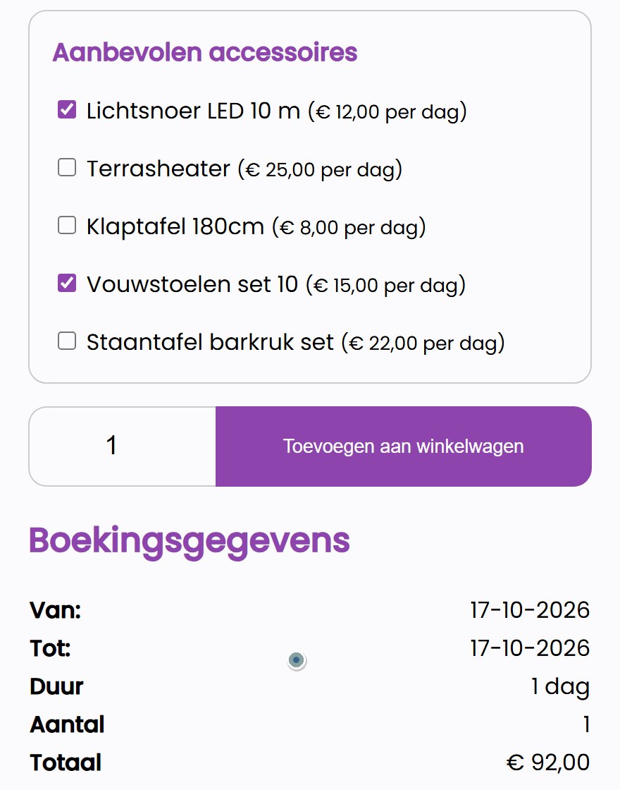 partytentverhuur acc nl stil Aanbevolen accessoires bij de partytent: de klant vinkt het lichtsnoer en een set vouwstoelen aan en het totaal gaat van 65 naar 92 euro