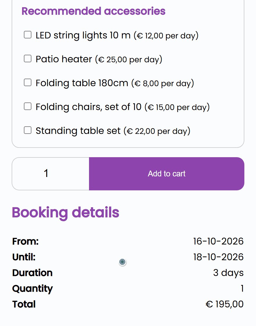 partytentverhuur hero en stil Product page of a 6x3 metre party tent in the FeestDepot example shop: the customer picks 16 to 18 October and the total becomes 195 euros for 3 days