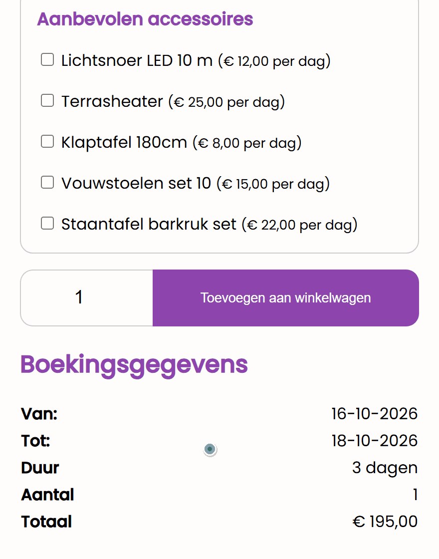 partytentverhuur hero nl stil Productpagina van een partytent van 6x3 meter in de voorbeeldwinkel FeestDepot: de klant kiest 16 tot en met 18 oktober en het totaal wordt 195 euro voor 3 dagen