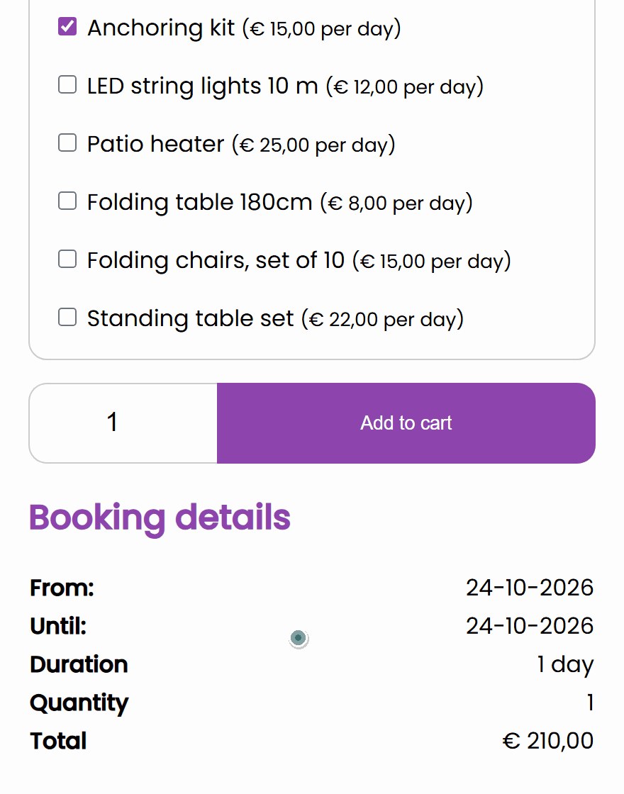 partytentverhuur vol en stil Calendar of the stretch tent: Saturday 10 and 17 October are fully booked and cannot be picked, the customer picks 24 October and the required anchoring kit is already ticked