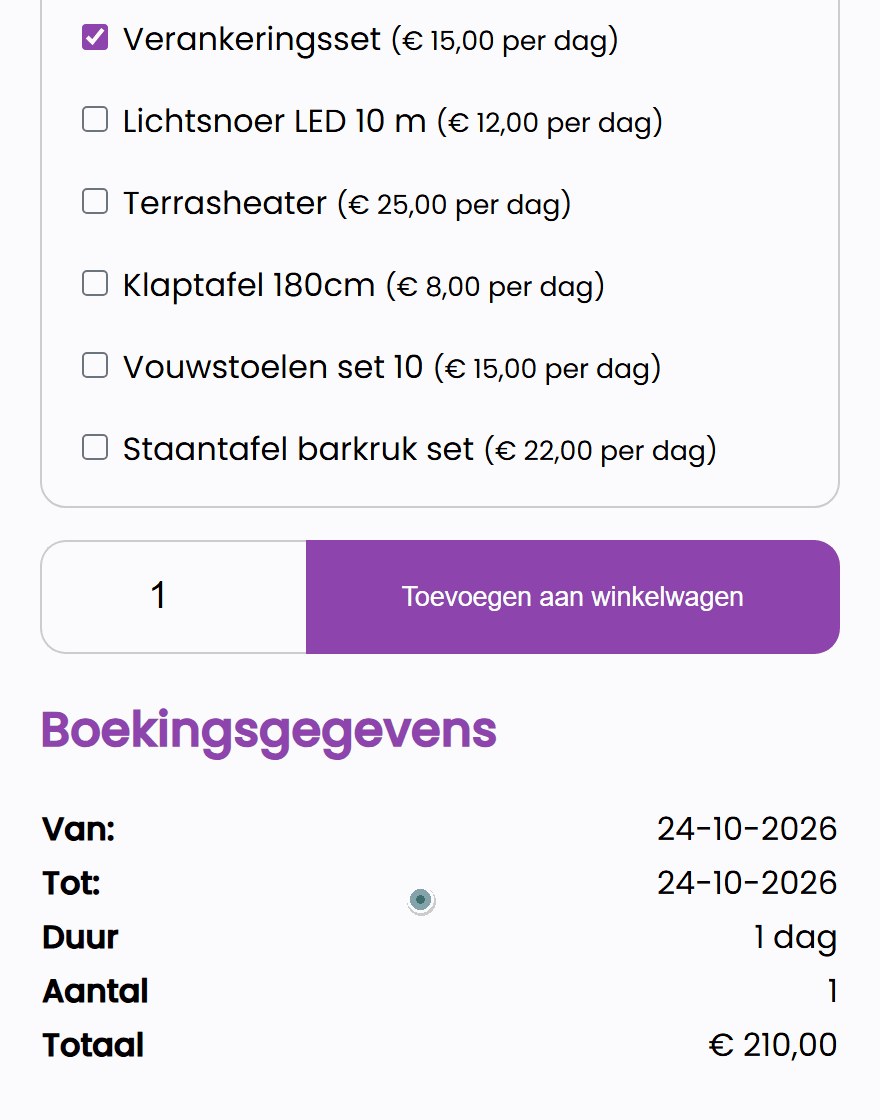 partytentverhuur vol nl stil Kalender van de stretchtent: zaterdag 10 en 17 oktober zijn volgeboekt en niet te kiezen, de klant kiest 24 oktober en de verplichte verankeringsset staat al aangevinkt