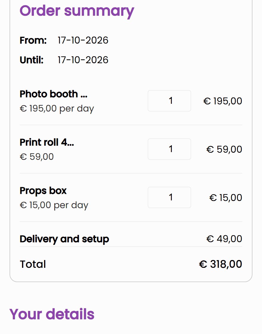 photoboothverhuur kassa en stil The order summary in the FeestDepot example shop on a phone: photo booth, required print roll and props box, the customer chooses delivery and setup for 49 euros and the total becomes 318 euros