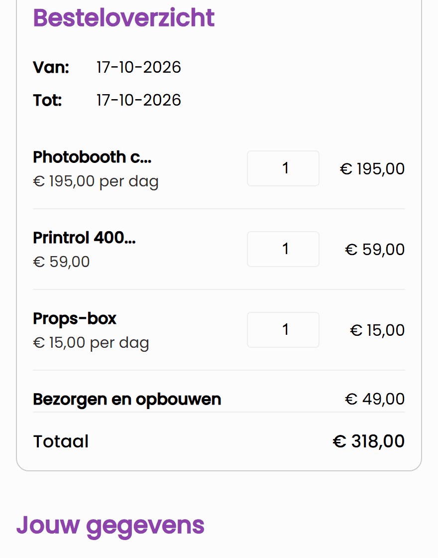 photoboothverhuur kassa nl stil Het besteloverzicht in de voorbeeldwinkel FeestDepot op een telefoon: photobooth, verplichte printrol en props-box, de klant kiest bezorgen en opbouwen voor 49 euro en het totaal wordt 318 euro