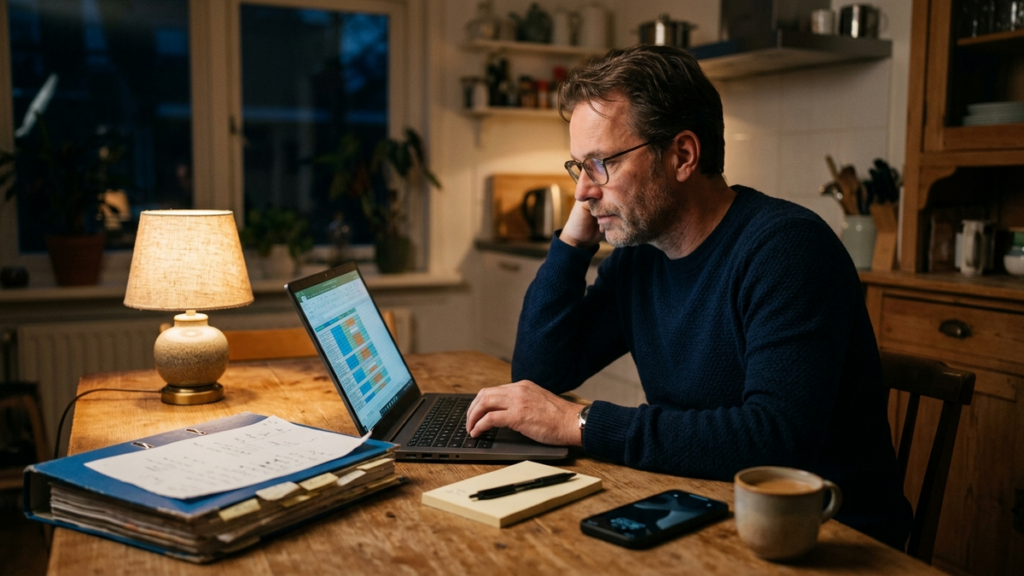 Illustration : gestion des locations sous Excel Un gérant d'entreprise de location met à jour son tableur de réservations sur la table de la cuisine, le soir