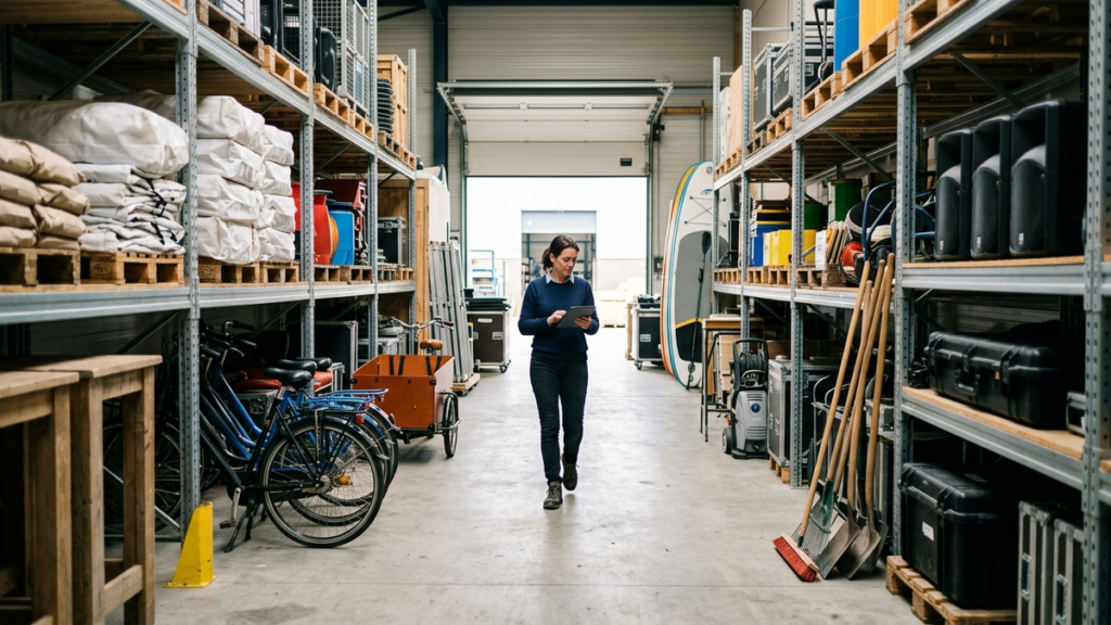 rental business ideas hero Shelves in a rental warehouse with party tents, bikes, cameras, speakers and garden tools ready to go out