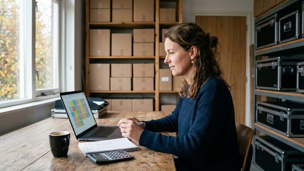 rental software costs hero Rental business owner comparing software prices on a laptop in her warehouse office