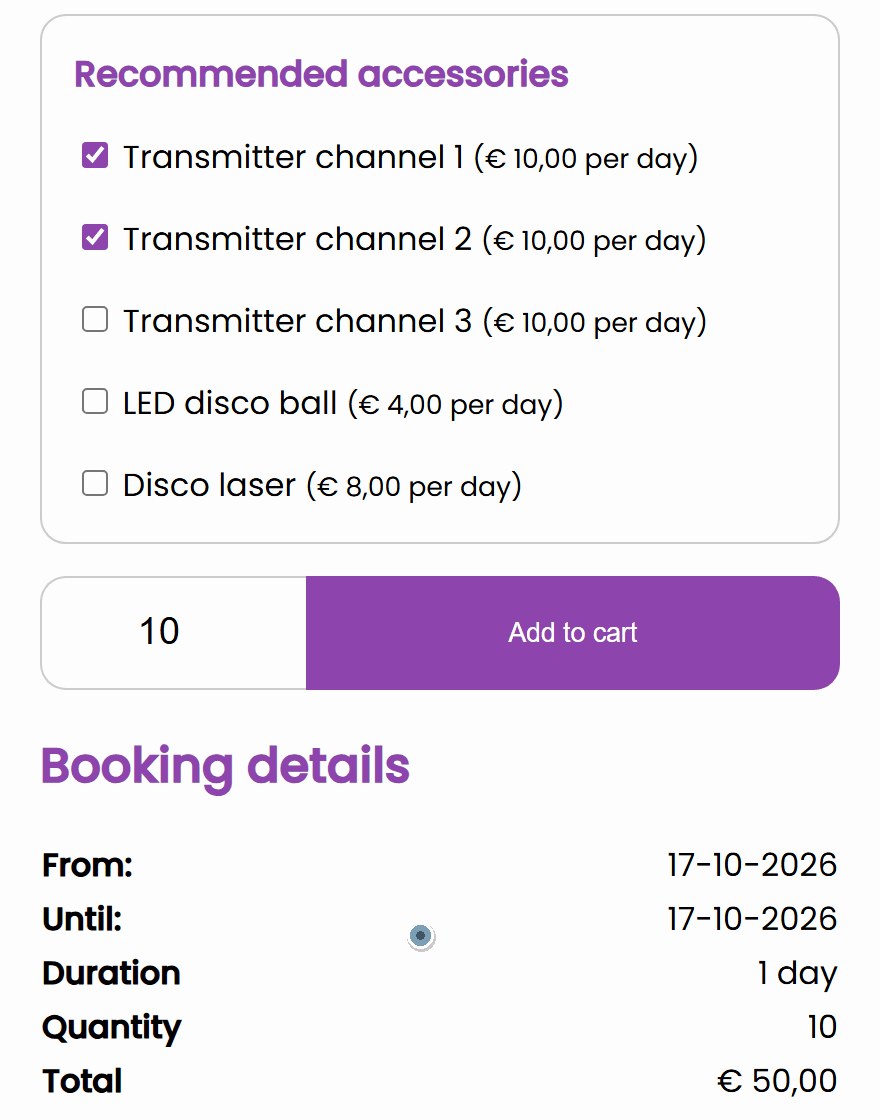 silentdisco acc en stil Recommended accessories for the silent disco headphones: Transmitter channel 1 is already ticked as a required accessory, the customer ticks Transmitter channel 2 and the total goes from 40 to 50 euros