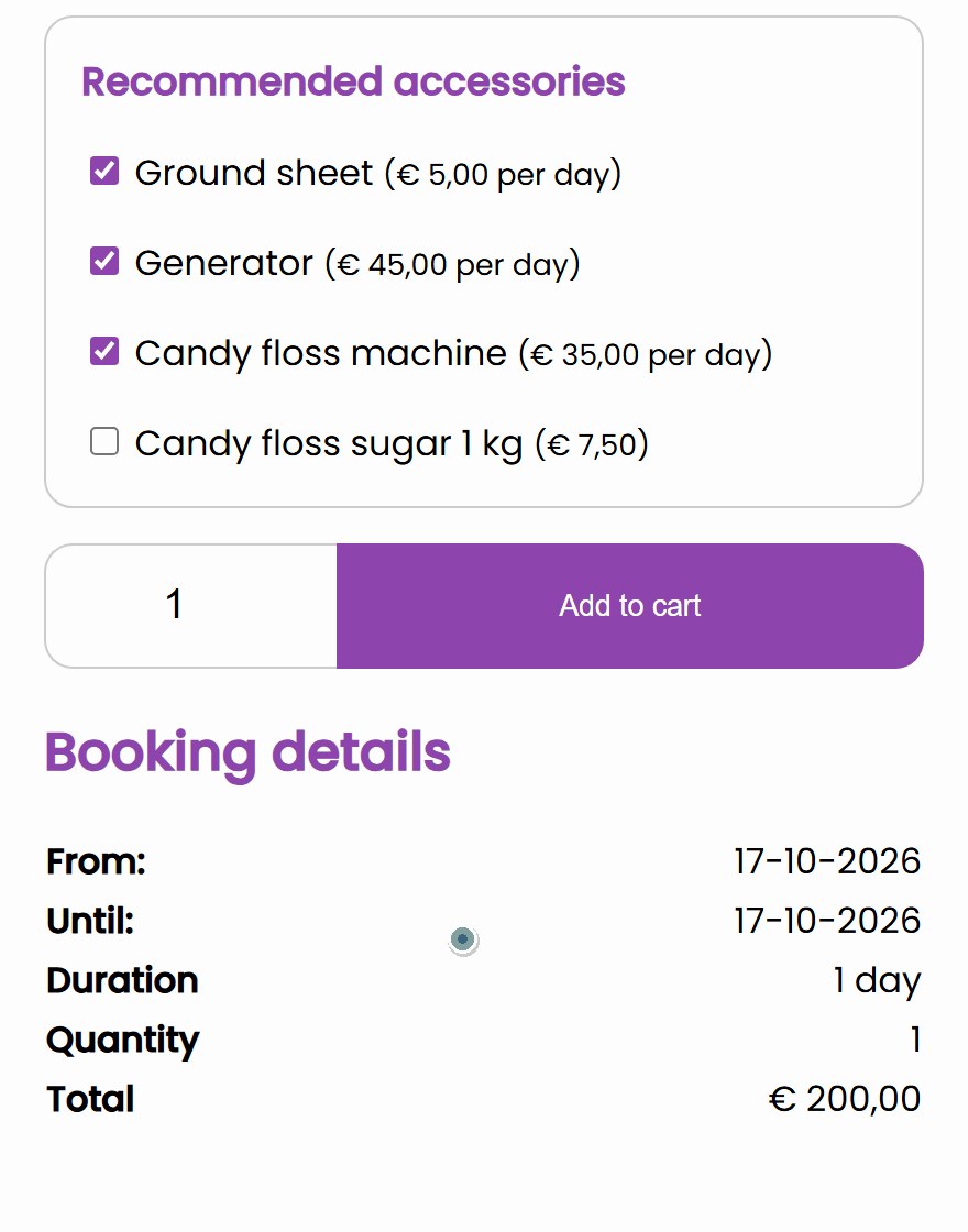 springkussenverhuur acc en stil Recommended accessories for the bouncy castle: the ground sheet is already ticked, the customer ticks a generator and a candy floss machine and the total goes from 120 to 200 euros