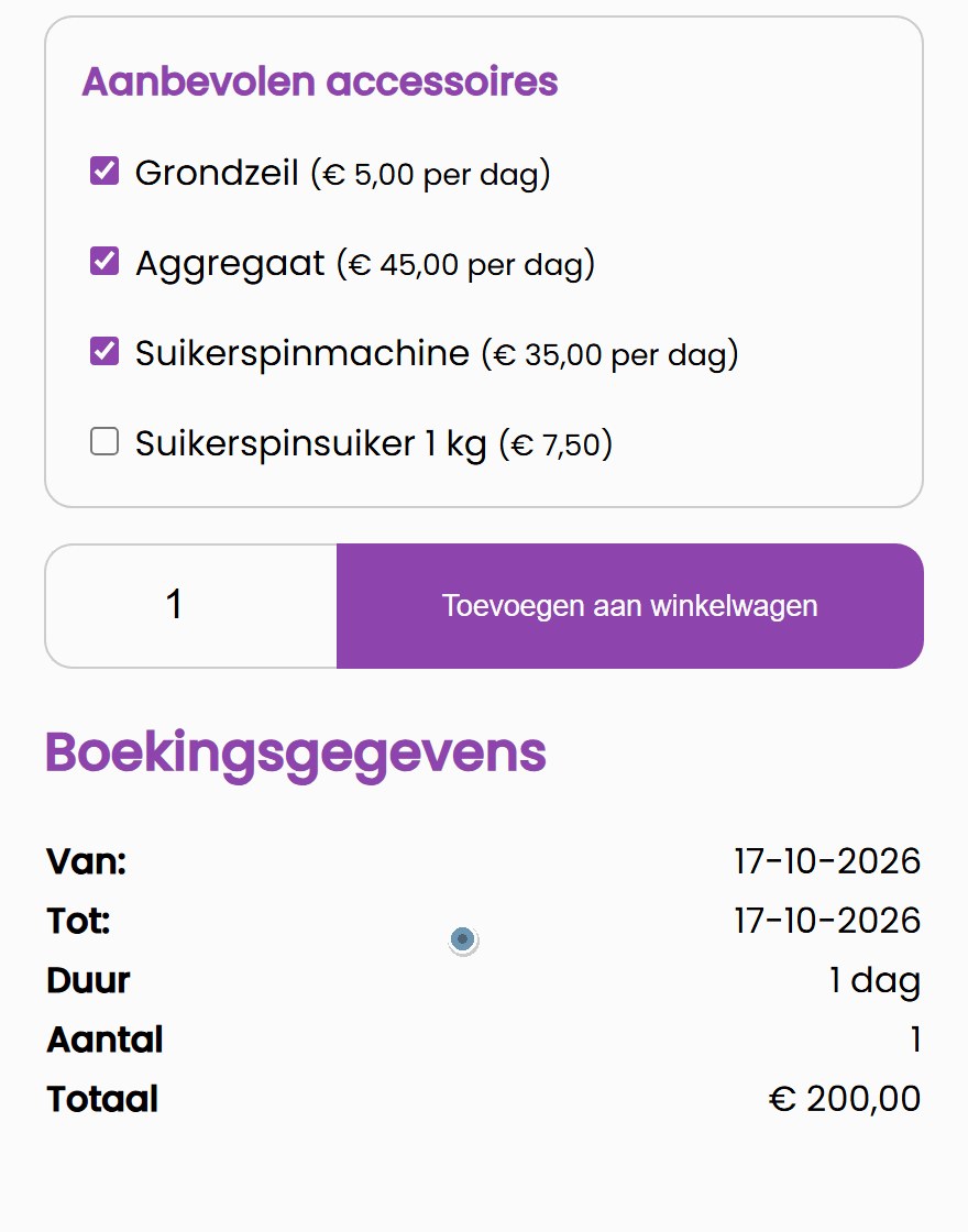 springkussenverhuur acc nl stil Aanbevolen accessoires bij het springkussen: het grondzeil staat al aangevinkt, de klant vinkt een aggregaat en een suikerspinmachine aan en het totaal gaat van 120 naar 200 euro