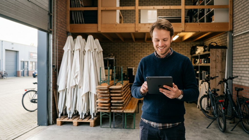 start a rental business hero Rental business owner checking bookings on a tablet in his warehouse with party tents and e-bikes