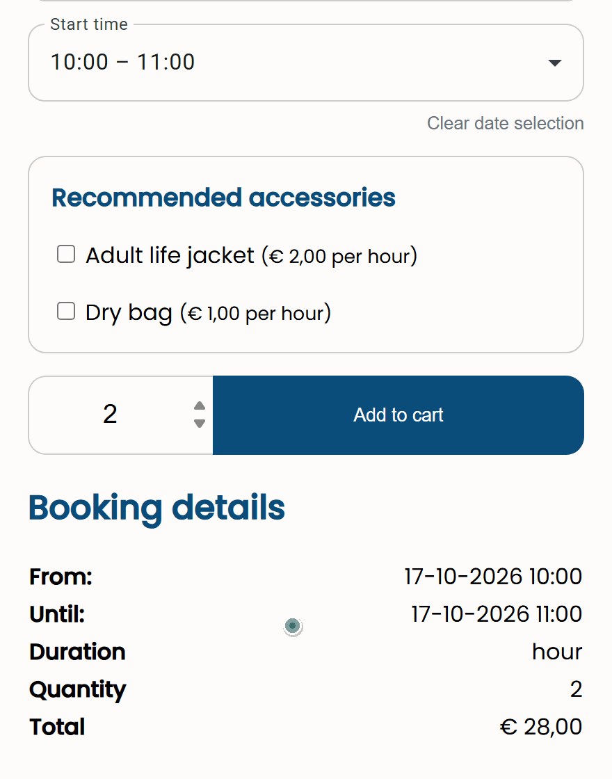 supverhuur hero en stil Product page of a SUP board in the BlueDock example shop: the customer picks 17 October, the start time 10:00 to 11:00 and two boards, and the total becomes 28 euros
