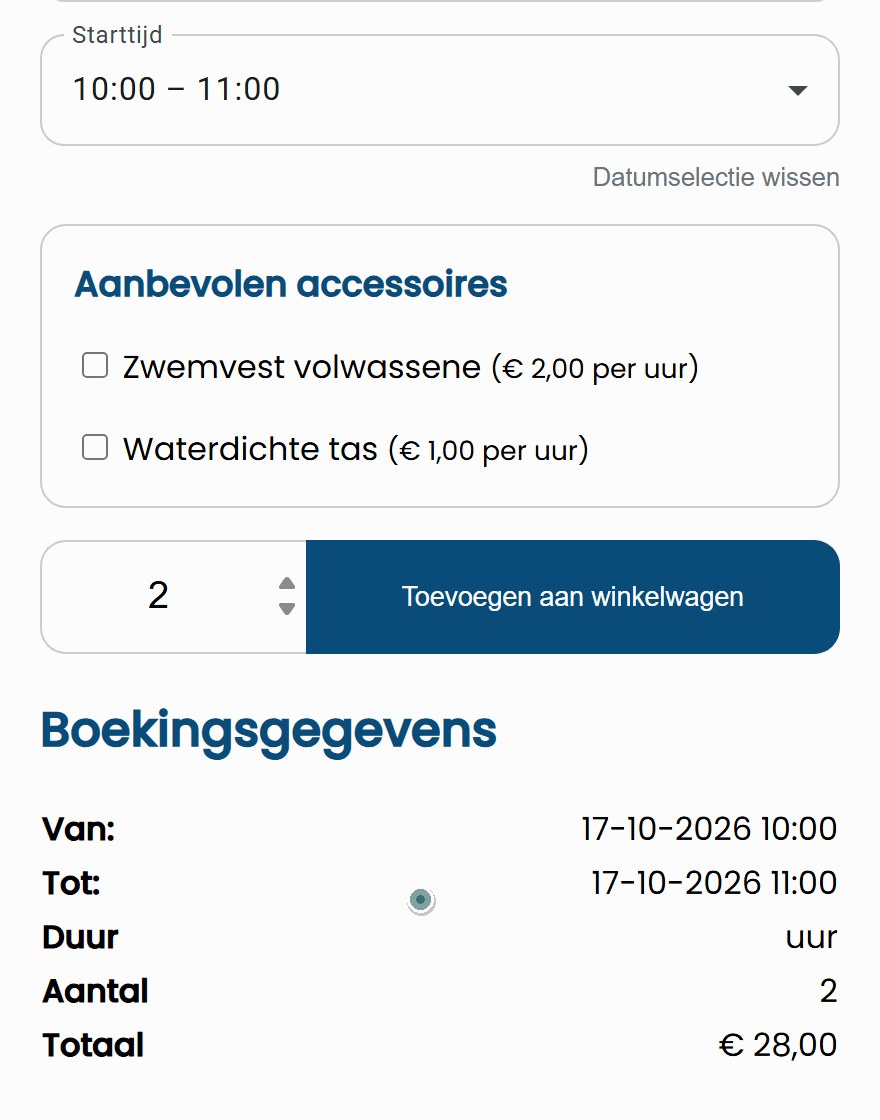 supverhuur hero nl stil Productpagina van een SUP-board in de voorbeeldwinkel BlueDock: de klant kiest 17 oktober, de starttijd 10:00 tot 11:00 en twee boards, en het totaal wordt 28 euro
